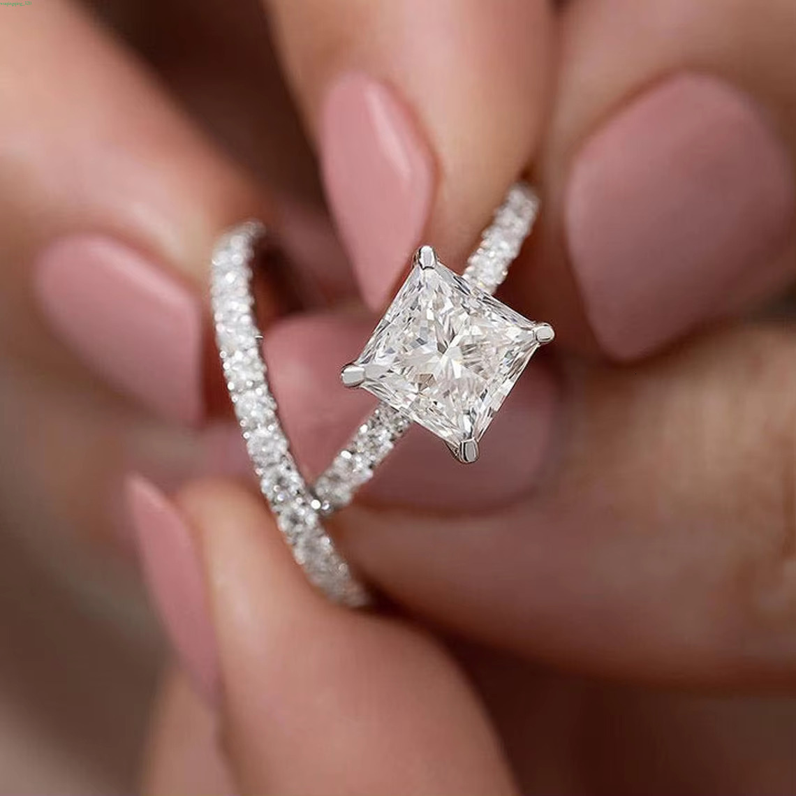 Metal 7.00 MM Colorless Princess Cut Moissanite Dia Engagement Bridal Ring Set for Wedding Fine Jewelry gorgeous
