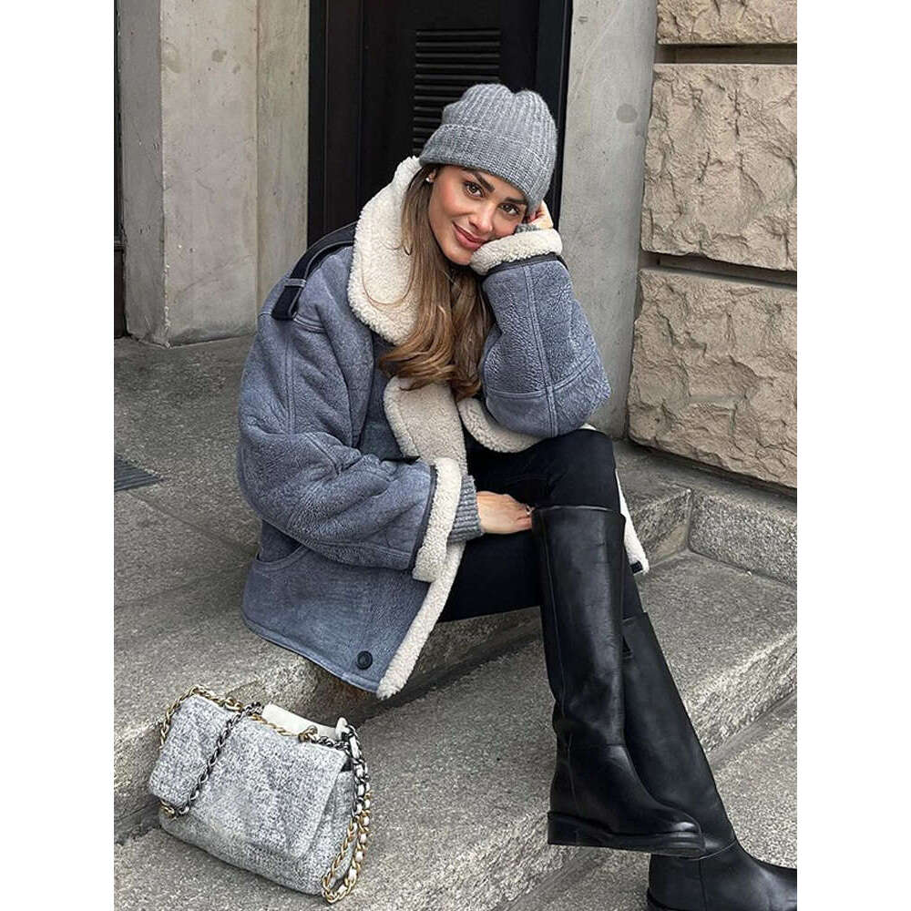 Fashion Blue Lamb Wool Ed Thick Coat Women Casual Single Breasted Lapel Pocket Warm Jacket 2024 Winter New Lady Chic Outwear