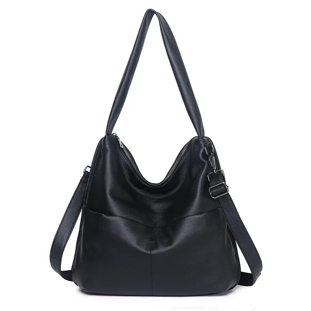 Minimalist Retro Women Handbag Real Cowhide Leather Casual Tote Vintage Lady Shoulder Purses Black Bag New Genuine Leather Zipper Vintage Style BagVoy