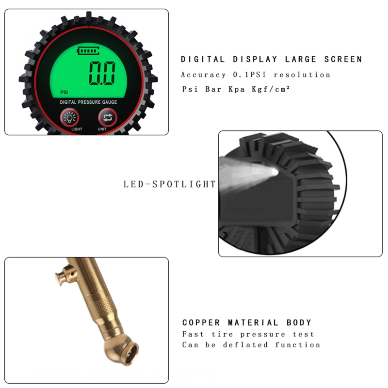 Upgrade Digital Tire Pressure new Gauge Air Chuck and Compressor Accessories LCD Display Heavy Duty LED 2025 Spotlight 255PSI