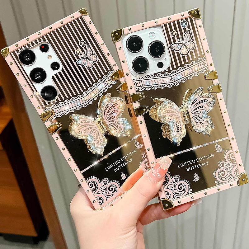 Luxury Glitter Diamond Butterfly Stand Square Cases Stand Metal Corner For iPhone 16 15 14 13 12 11 Pro Max Samsung S21 S23 FE S22 S24 Ultra A15 A35 A