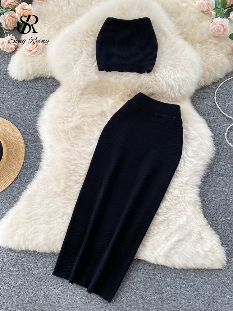 SINGREINY Solid Knit Slim Beach Women Set Summer 2022 Y2K Short Tops Party Sexy Ladies Elastic Waist new Midi 2025 Skirt Two Piece Sets