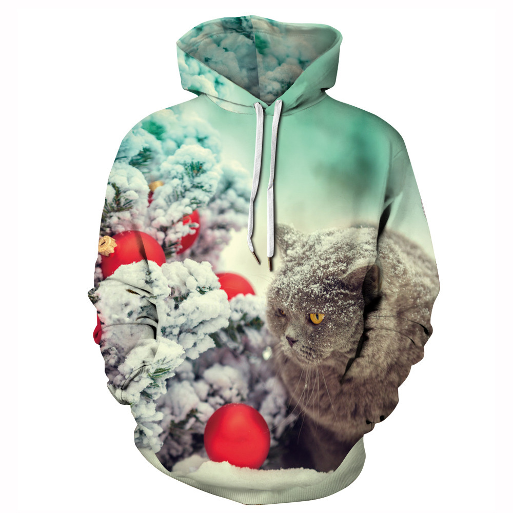 Designer fashion versatile hot selling Christmas snowman digital printed pocket hooded drawstring trendy autumn and winter hoodie
