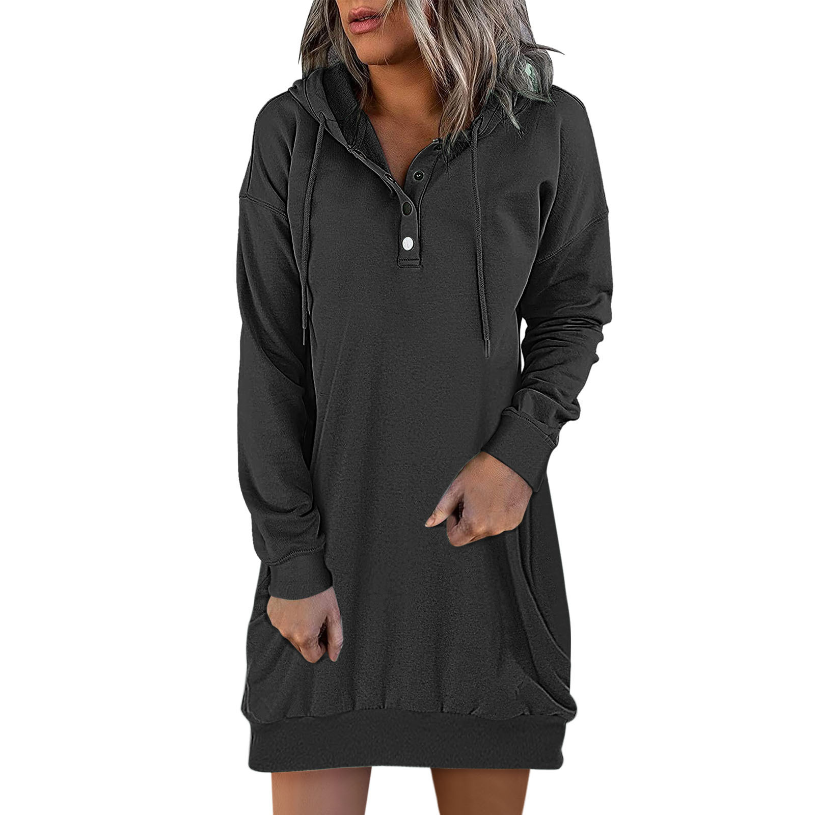 Versatile and fashionable women's solid color () medium to long hooded sweatshirt