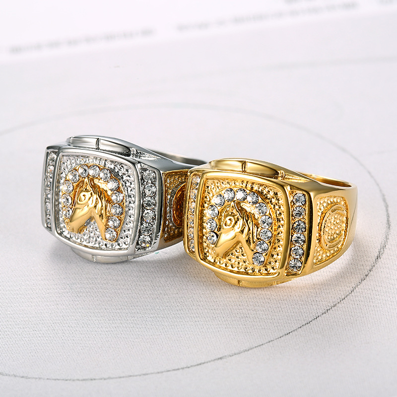 Hip Hop Stainless Steel Horse Head Casting Ring Gold Plated Gold Silver Color with Zircon