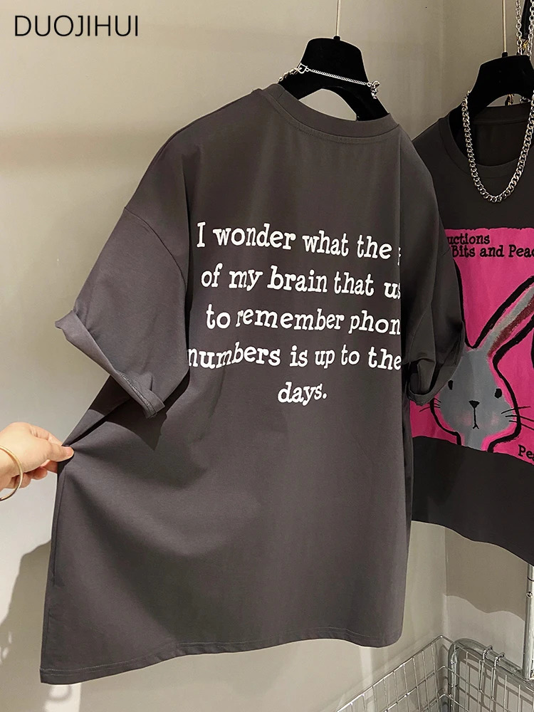 DUOJIHUI Dark Grey Summer Fashion Printed Sweet Female Tshirts Oneck Spell Color Simple Casual Street Loose Women Tshirts 240409