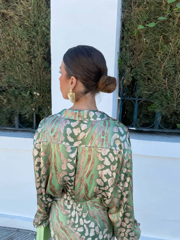 Fashion Print Midi Skirt 2 Piece Set For Women Elegant Lapel Long Sleeves Shirt High Waist Skirts Suits Lady Streetwear Outfit 240401