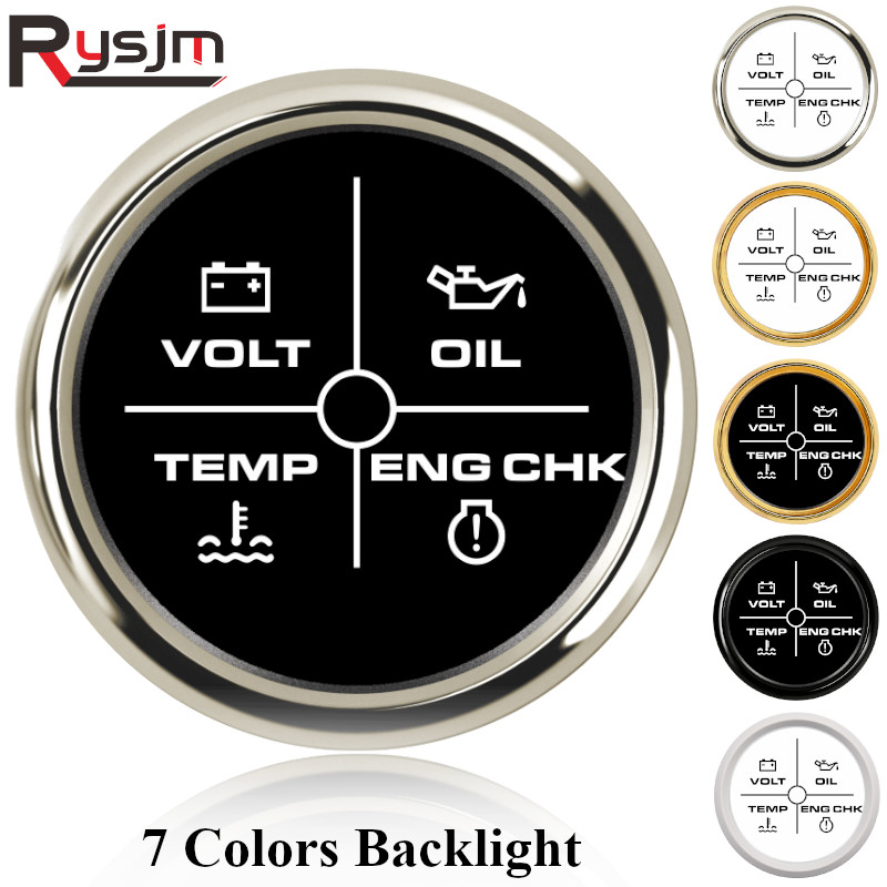 52 mm Alarm Gauge Meter Volt/Oil/Water Temp/Check Engine 4 LED Alarm Indicator Gauge For Car Boat 9~32V With 7 Colors Backlight