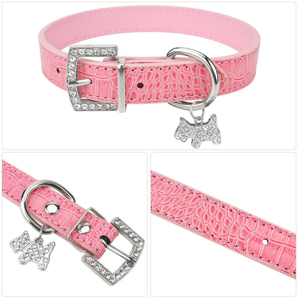 Small Durable Dog Collar PU Leather Padded Pet Collars with Puppy Pendant & Rhinestone Buckle for Small Medium Large Dogs & Cats