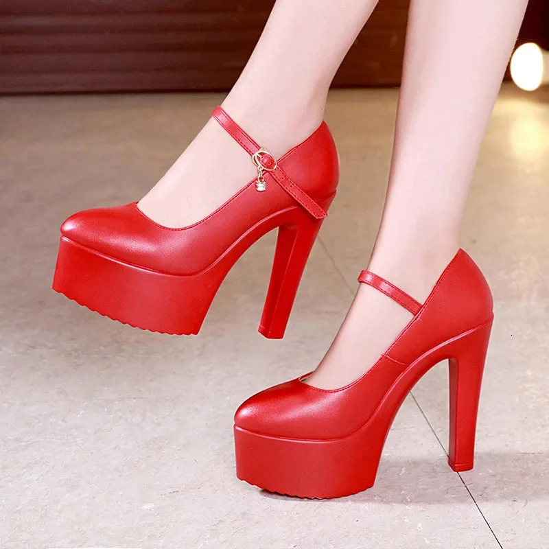 Small Size 32-43 Elegant Shallow Red White Wedding Shoes Platform Pumps Women Block High Herels Shoes for Model Party 241108