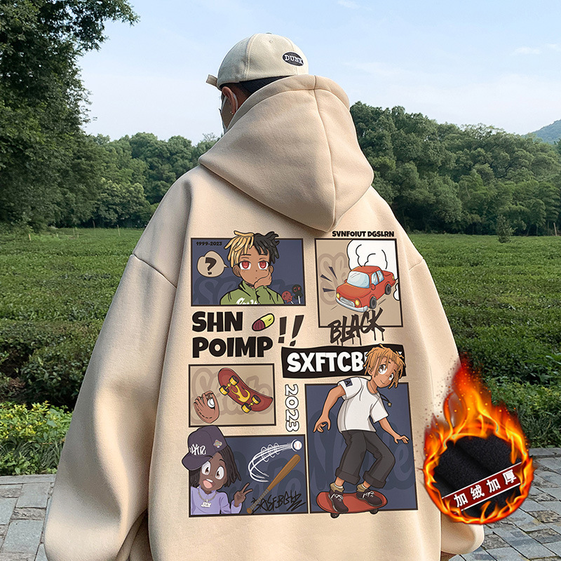 Designer hip hop high street hoodie men's winter plus plush thick loose American style trendy hooded jacket