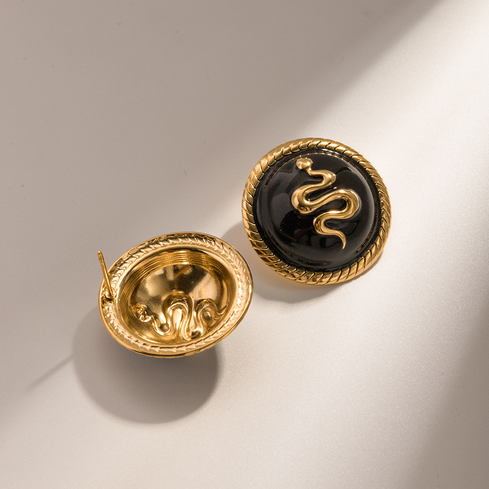 Designer Earrings for Women Plated 18k Gold Stainless Steel Black Dropped Oil Round Snake Relief Earrings Wholesale Free Shipping