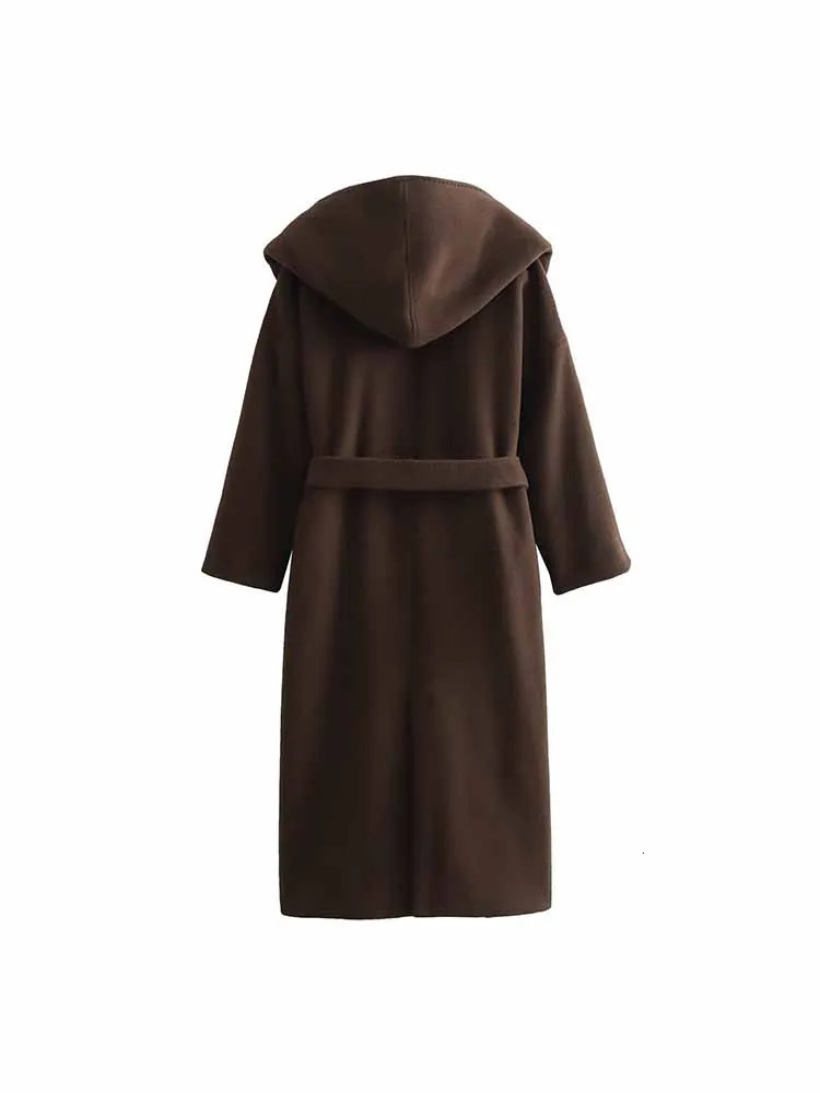 TRAF autumn and winter European and American casual belt hooded wool womens medium long jacket 241108
