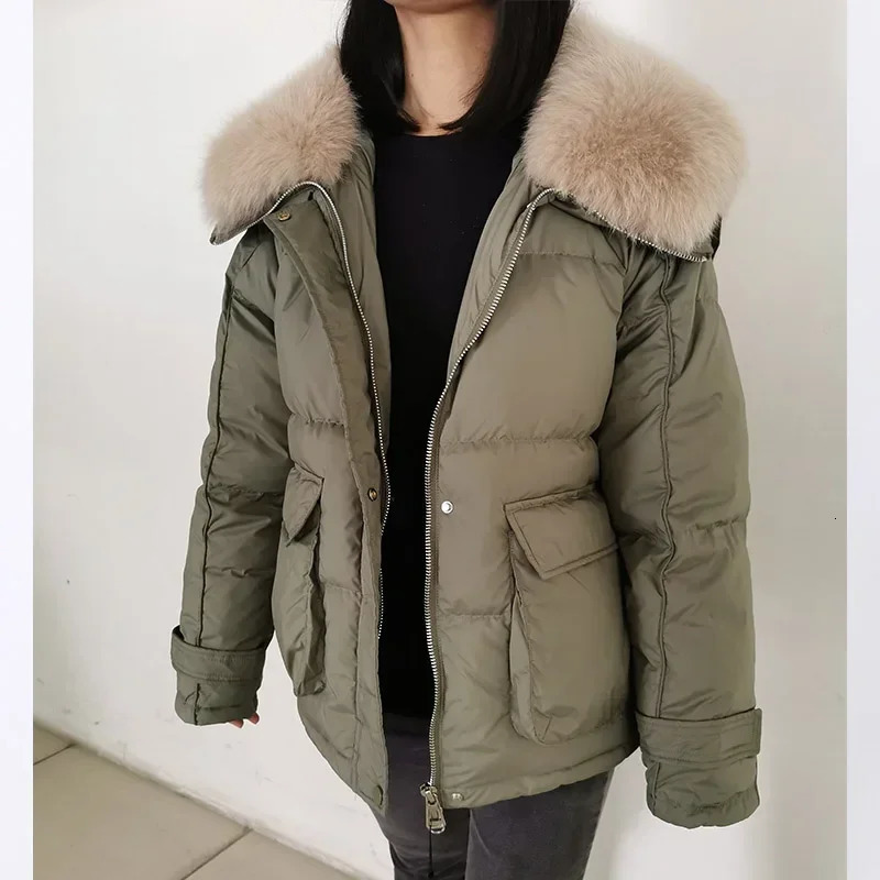 Maomaokong loose real fox fur collar white duck down jacket womens winter inflatable jacket oversized wool jacket 241108