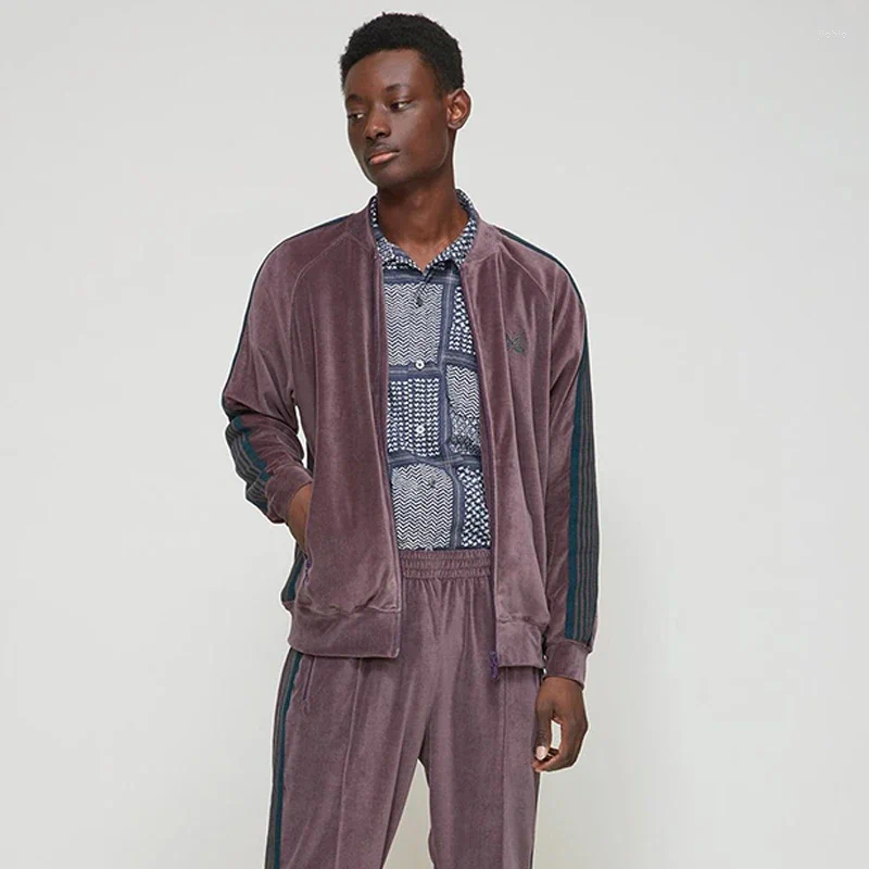 Men's Jackets NEEDLES Cotton Velvet Long Sleeve Track Stripe Webbing Butterfly Embroidery Coat Lapel Collar Zipper Oversize Men Women Jacket