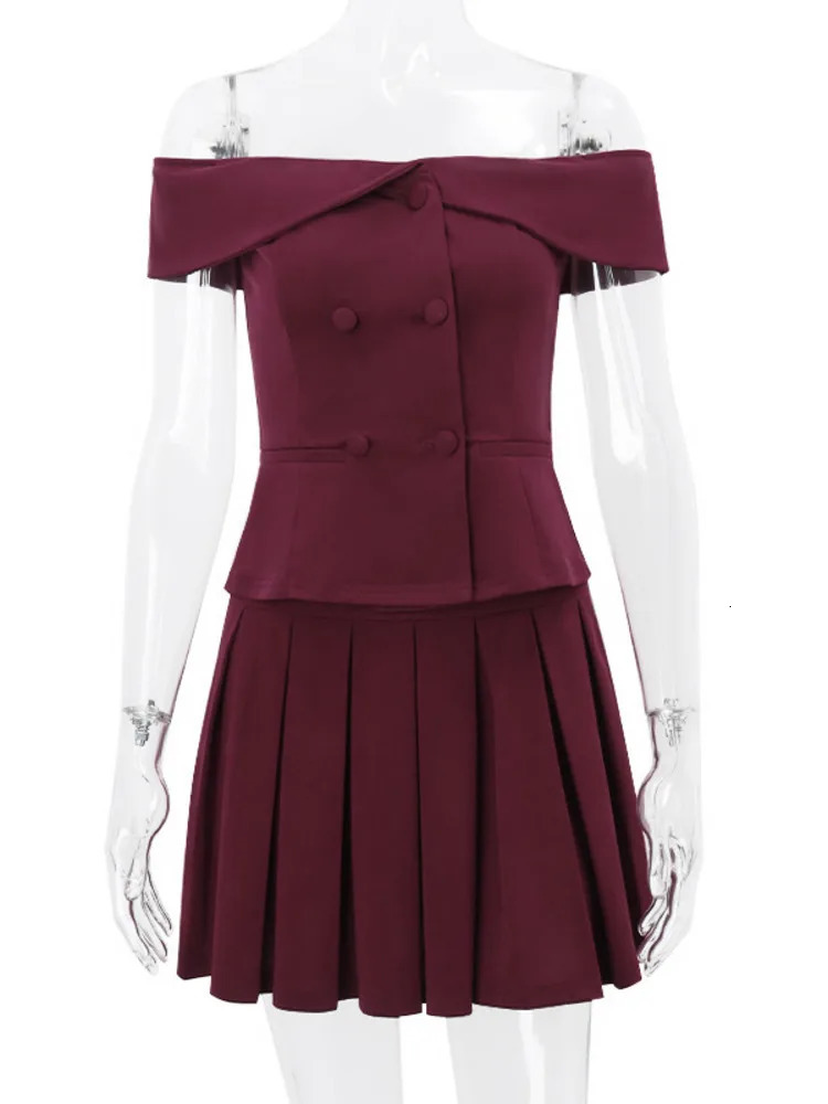 Mozision Sexy Skirt Two Piece Set Women Offshoulder Tops And Pleated Mini Matching Sets Femme Fashion 240403