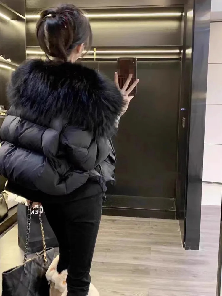 Winter Womens Down Jacket Raccoon Fur Collar Hooded Short Coat Long Sleeve Fashionable Casual Loose Fit Thick Coat 241108