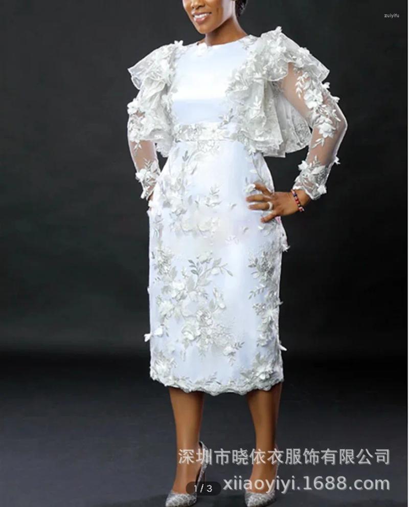 Casual Dresses Woman Clothing 2024 Embroiled Petals Lace Ruffles Long Sleeves Waist And Hip Wrap Loose White Africa Wedding