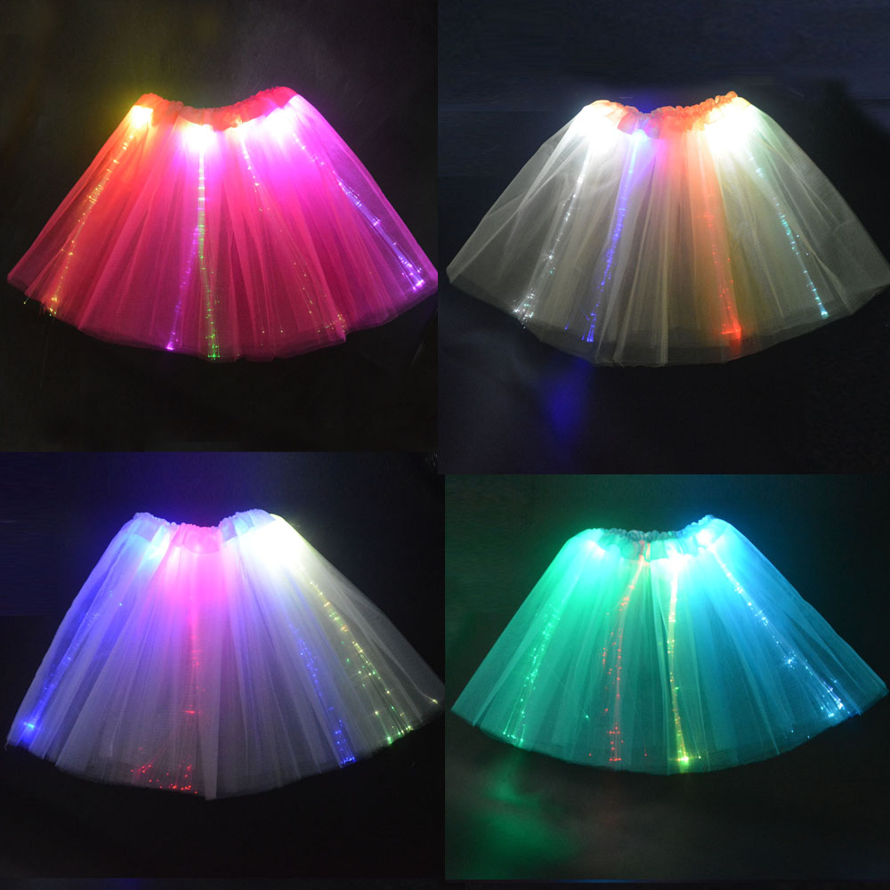Women Girl LED Light Up Tulle Optical Fiber Tutu Skirt Luminous Fairy Costume Birthday Gift Glow Party Halloween