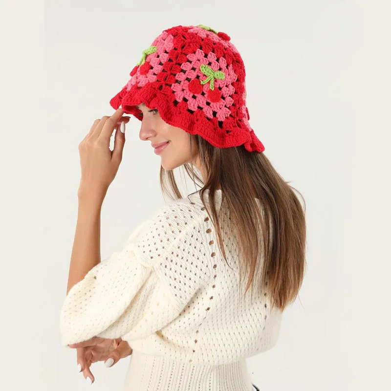 Flower Crochet Bucket Hat Women Summer Handmade Knit Beanies INS y2k Korean Fashion Panama Cap240410