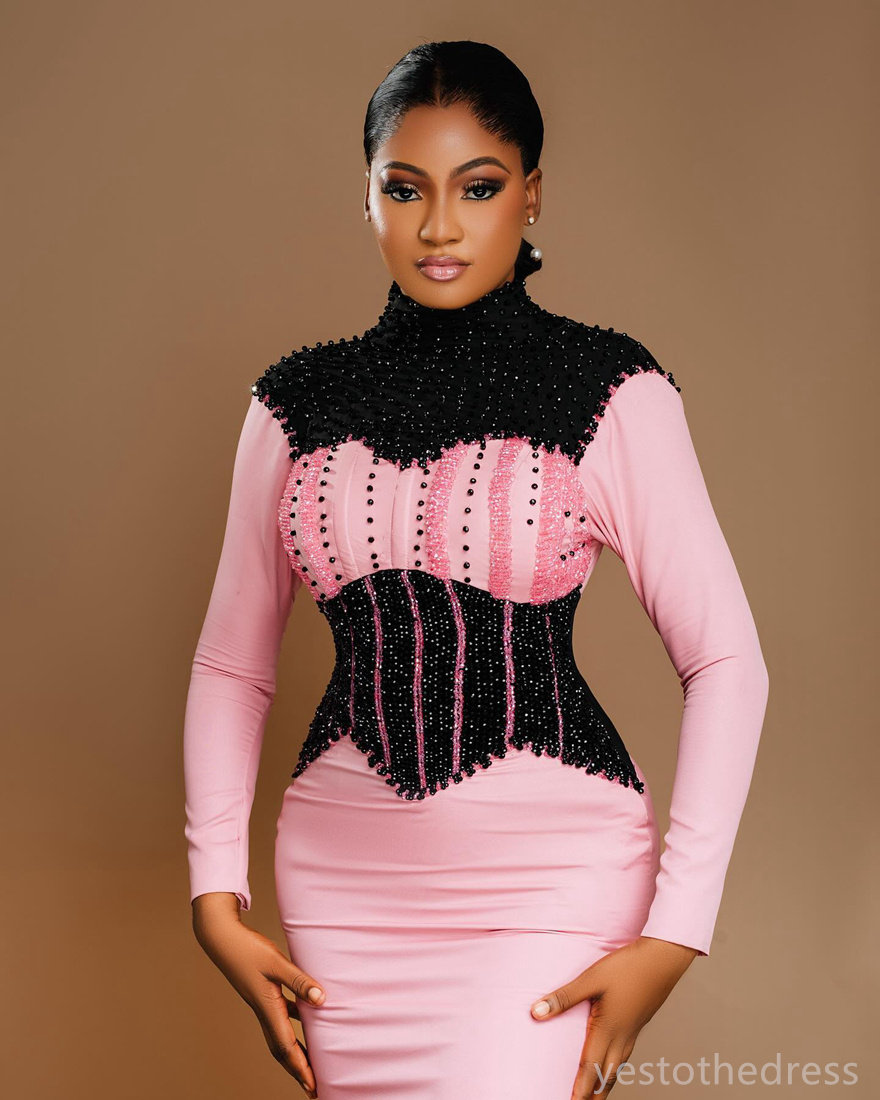 Plus Size Prom Dresses for Black Women Evening Dresses Elegant High Neck Long Sleeves Beaded Side Split Birthday Gowns Second Reception Dress for Occa