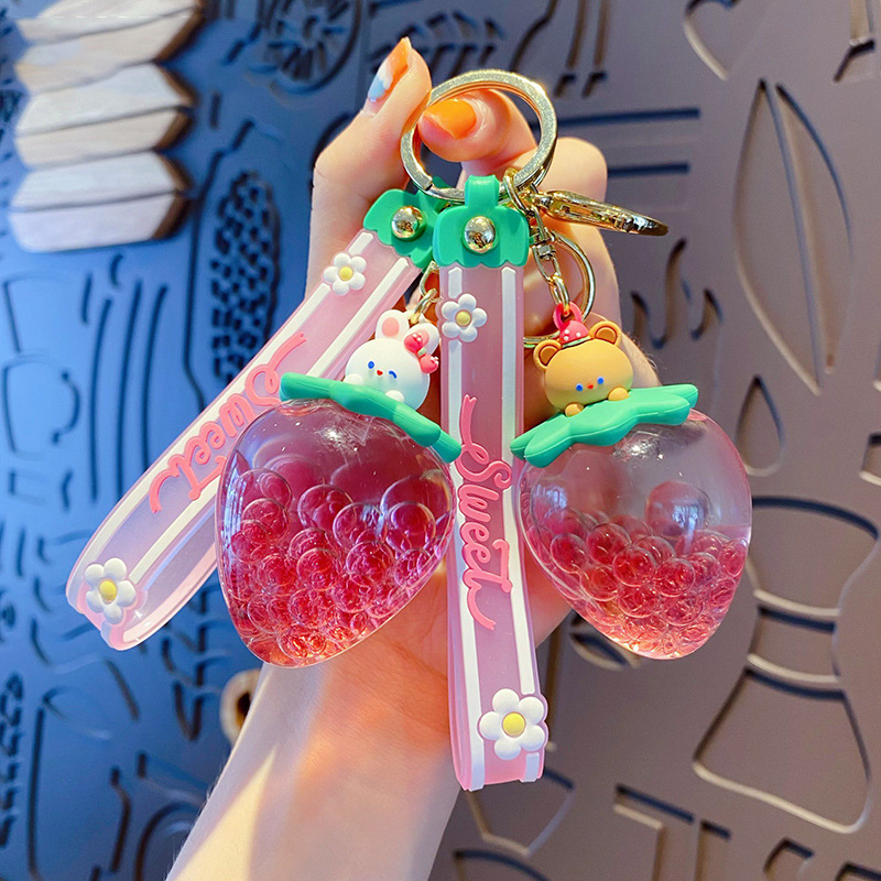 Sweet Strawberry Fruit Cup Floating Rabbit Keychain Cute Moving Liquid Quicksand Bear Doll Key Chain Women Girl Bag Gift Pendant