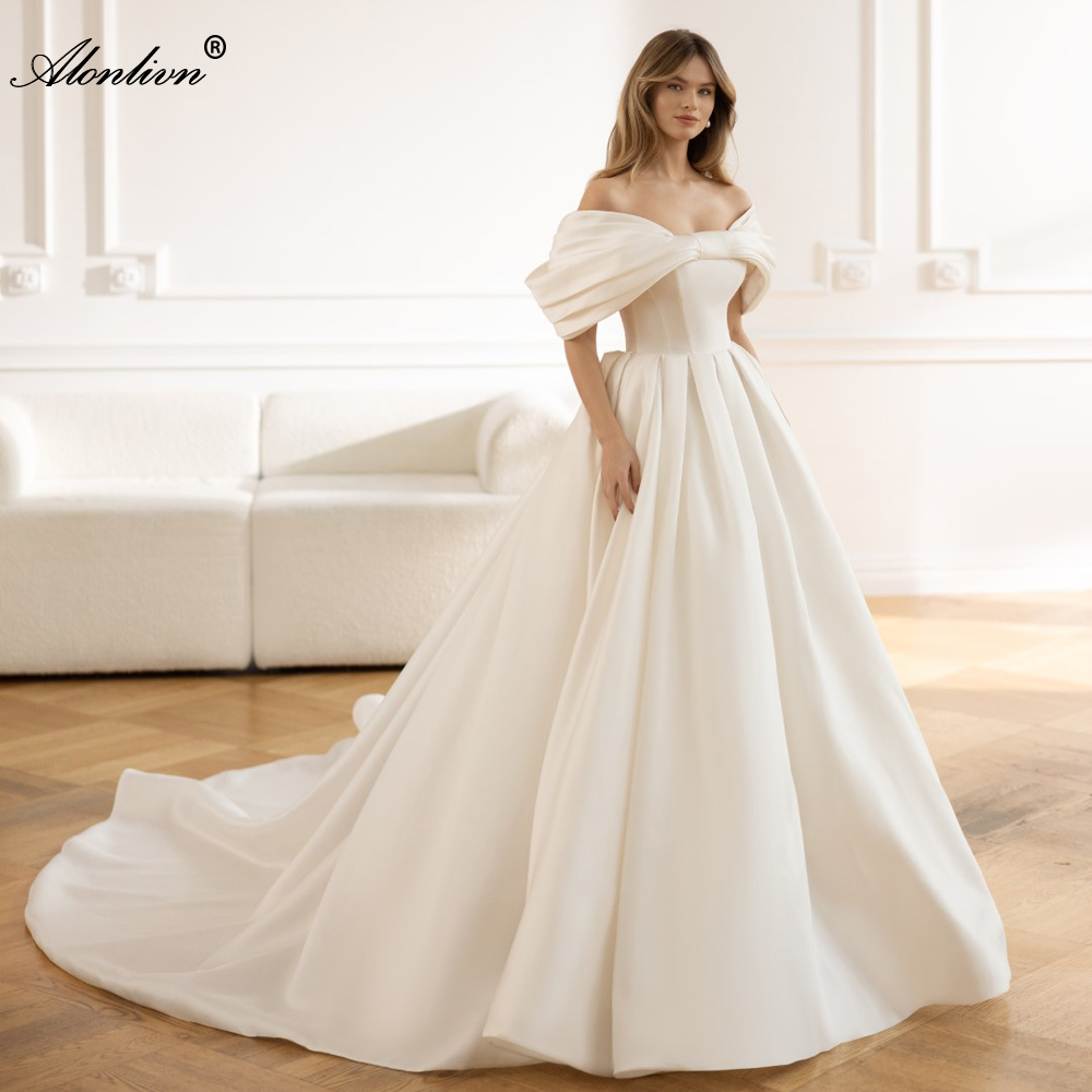 Magnificent Satin Off Shoulder Sleeves Ball Gown Wedding Dress Elegance Floor-length princess Bridal Gowns
