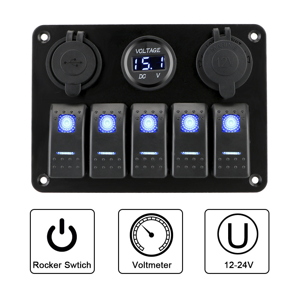 5 Gang LED Rocker Switch Panel USB Chargers 3.0 Socket Digital Voltage 12V 24V Truck Light Toggle Power Adapter Car Accessories