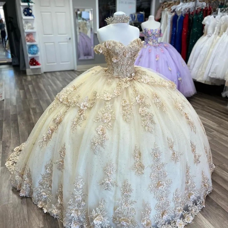 Light Champagne Off The Shoulder 3D Flowers 15 Dress Quinceanera 2025 Ball Gown Quince Dresses Princess Formal Occasion Gown