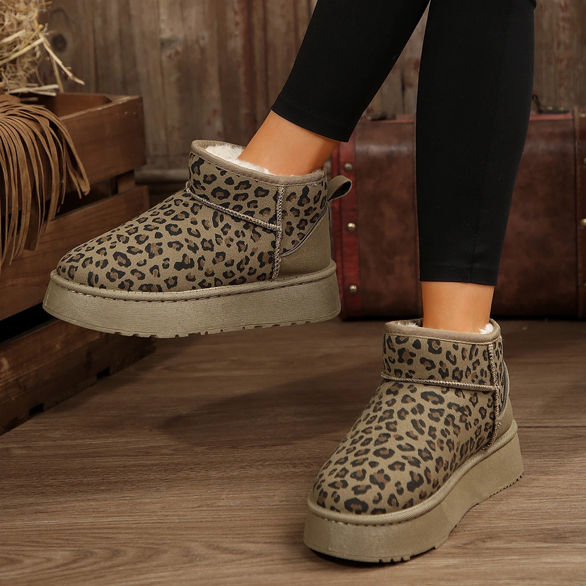 Womens Platform Shoes Winter High Quality Slip-on Snow Boots Leopard Print Daily Boots Round Toe Ankle Boots Women 241108
