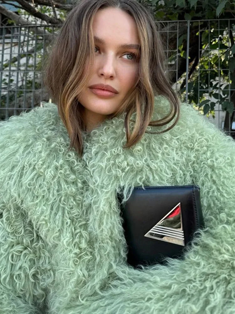Fashionable green fluffy synthetic fur thick coat womens fashionable long sleeved lapel oversized jacket womens winter warm street jacket 241108