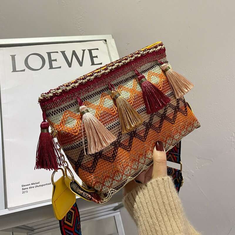Women's 2024 New Tassel Fashion Ethnic Customs Colorful Single Shoulder Crossbody Bag