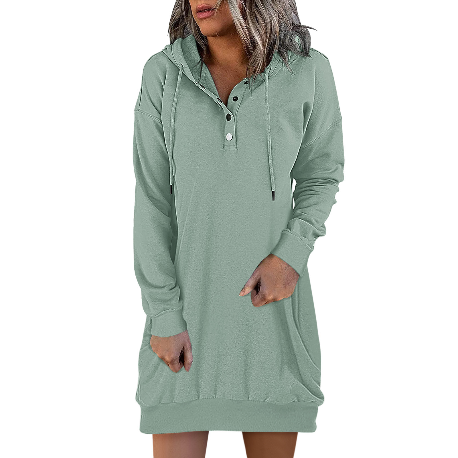 Versatile and fashionable women's solid color () medium to long hooded sweatshirt