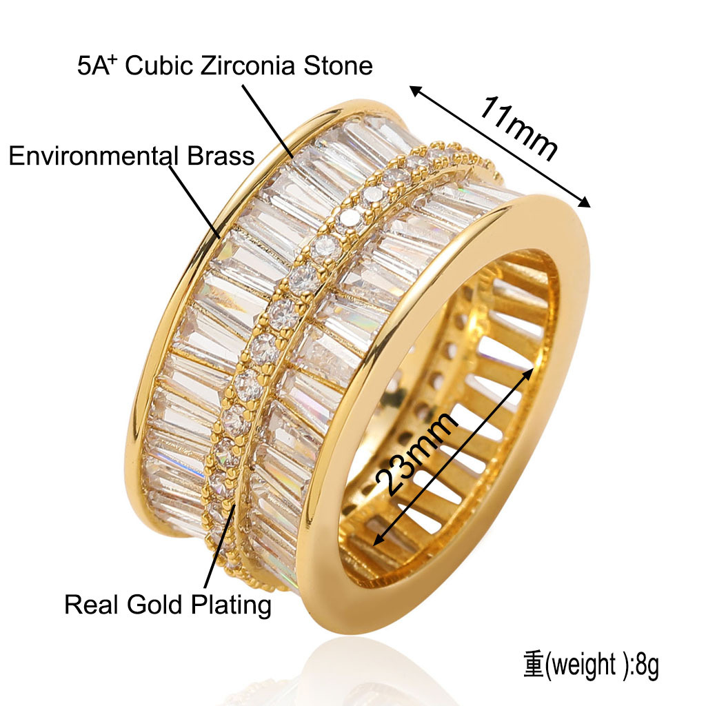 Hip Hop TopBling Double Rows T Zircon Ring 18K Real Gold Plated Men Women Jewelry Gifts