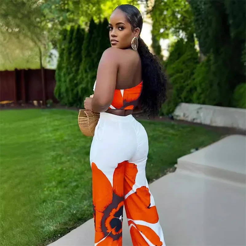 Floral Print Summer Two Piece Set Women Holiday One Shoulder Crop Top and Loose Wide Leg Pants Matching Sets Outfits Vacation 241108