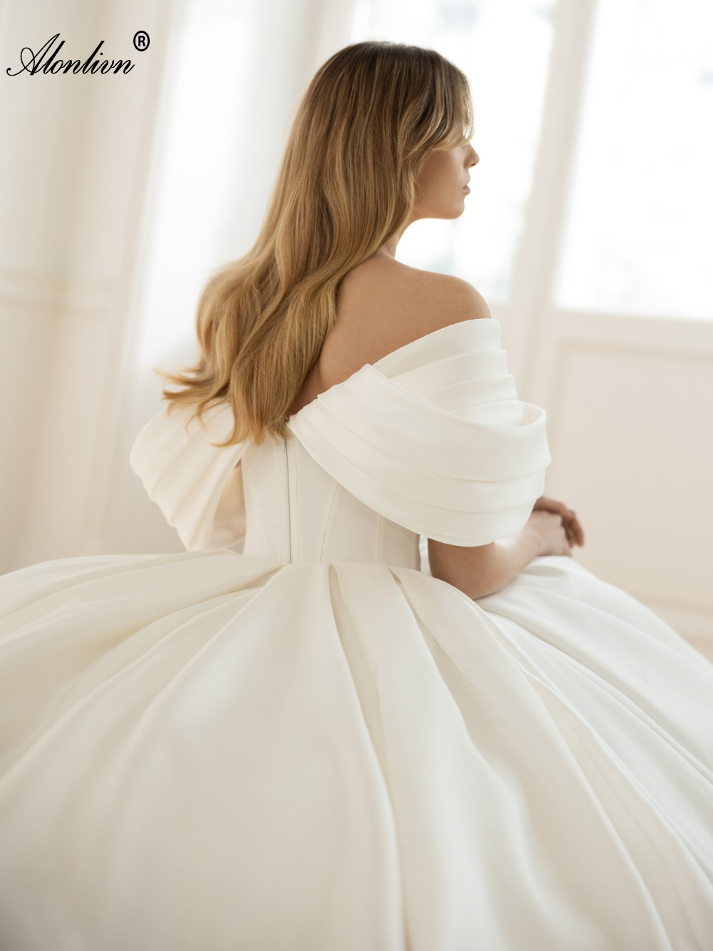Magnificent Satin Off Shoulder Sleeves Ball Gown Wedding Dress Elegance Floor-length princess Bridal Gowns