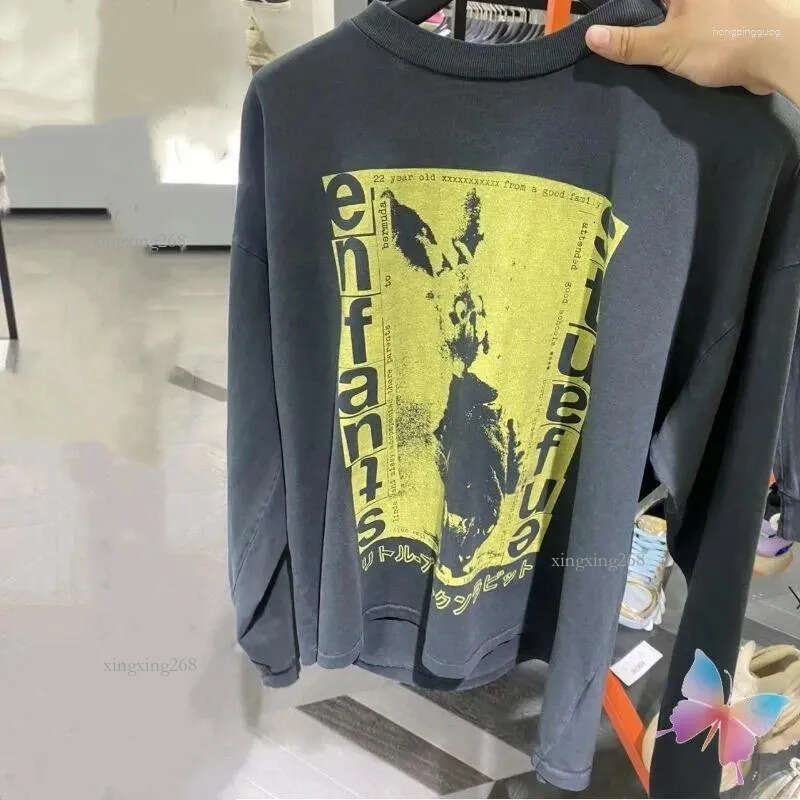 Men's Hoodies Hiphop Street Men Women Long Sleeve Tshirt ERD Sweatshirts Yellow Abstract Print Letter Vinatge Washed Hole Black Pullover