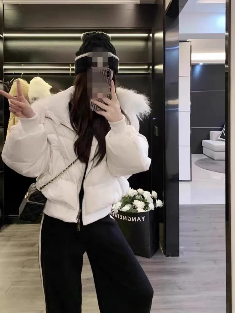 Winter Womens Down Jacket Raccoon Fur Collar Hooded Short Coat Long Sleeve Fashionable Casual Loose Fit Thick Coat 241108