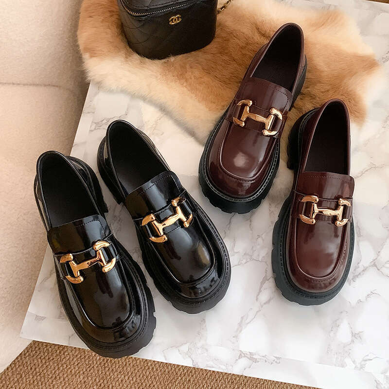 Xingguang Fang Lefu Women's New British Style Metal Buckle Single Thick Sole Genuine Lazy Two Wear Casual Small Leather Shoes