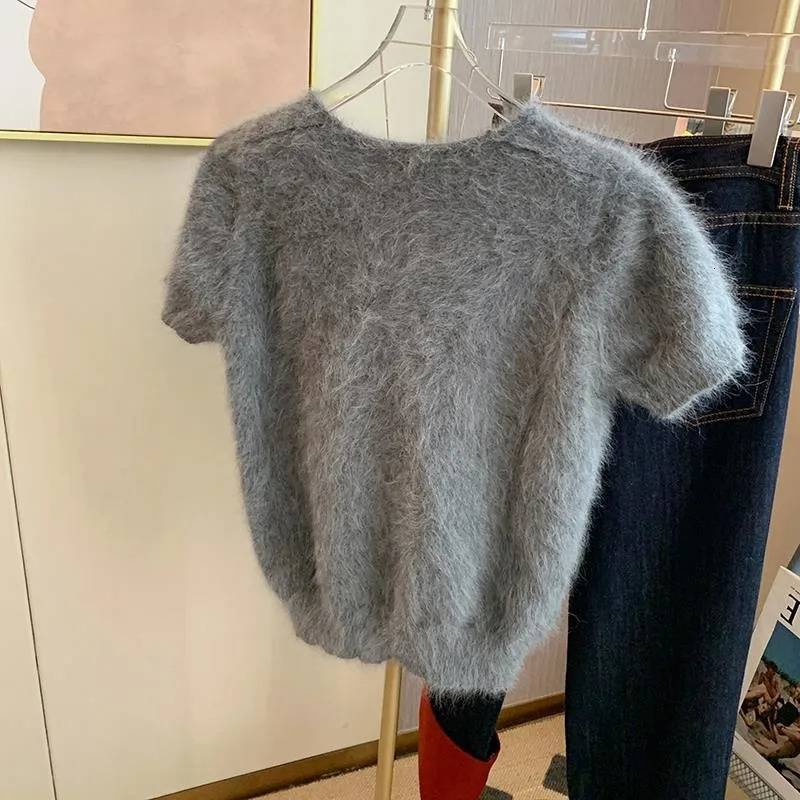 Grey Mohair Knitted Sweater T-shirt Women Summer V-neck Short Sleeve Soft Tees Pullover Casual Vintage Korean Fashion Tops 240410
