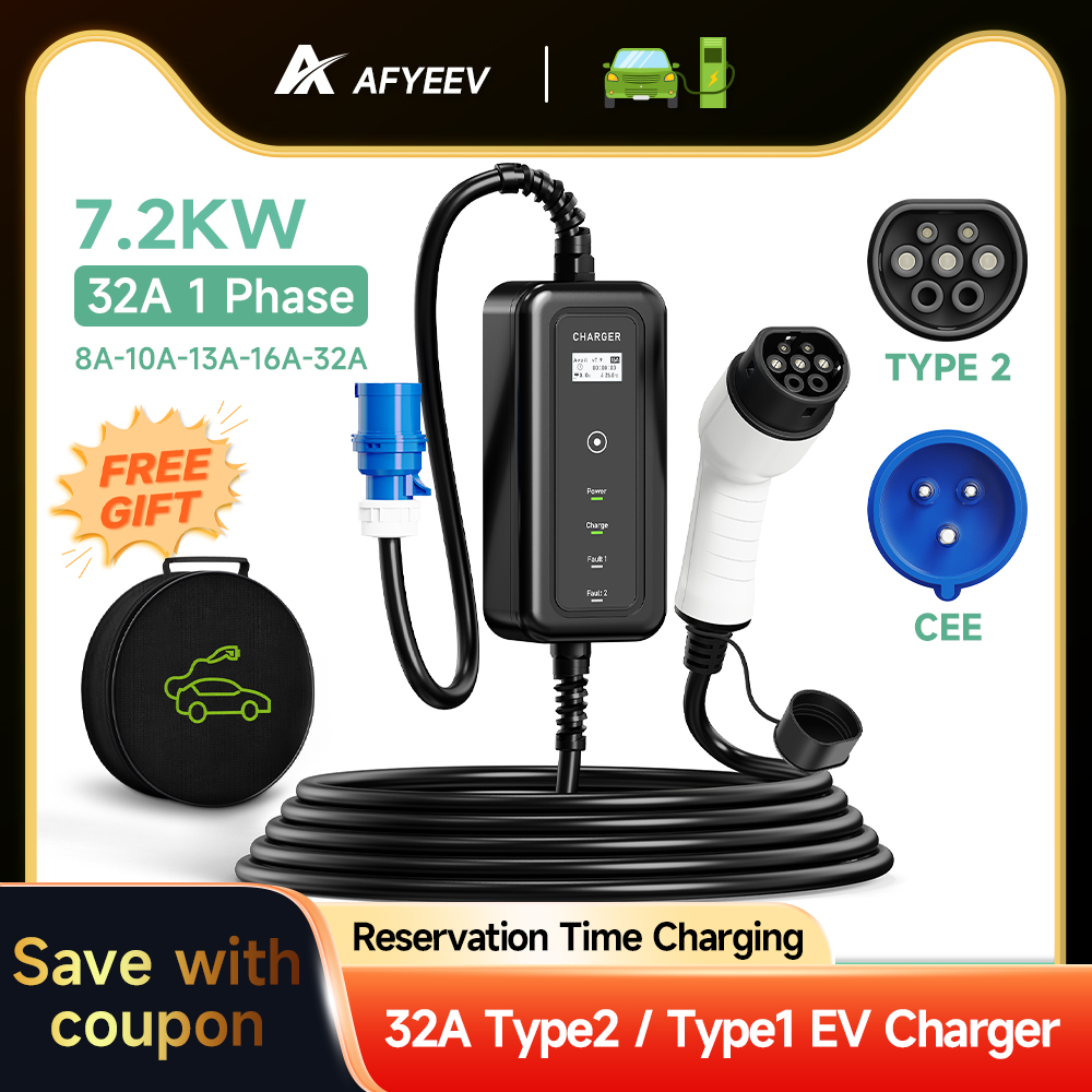 AFYEEV Portable EV Charger Wallbox new Type2 Cable 32A 7.2KW CEE Plug EVSE Type1 Charging Box j1772 Adapter 2025 for Electric Vehicle