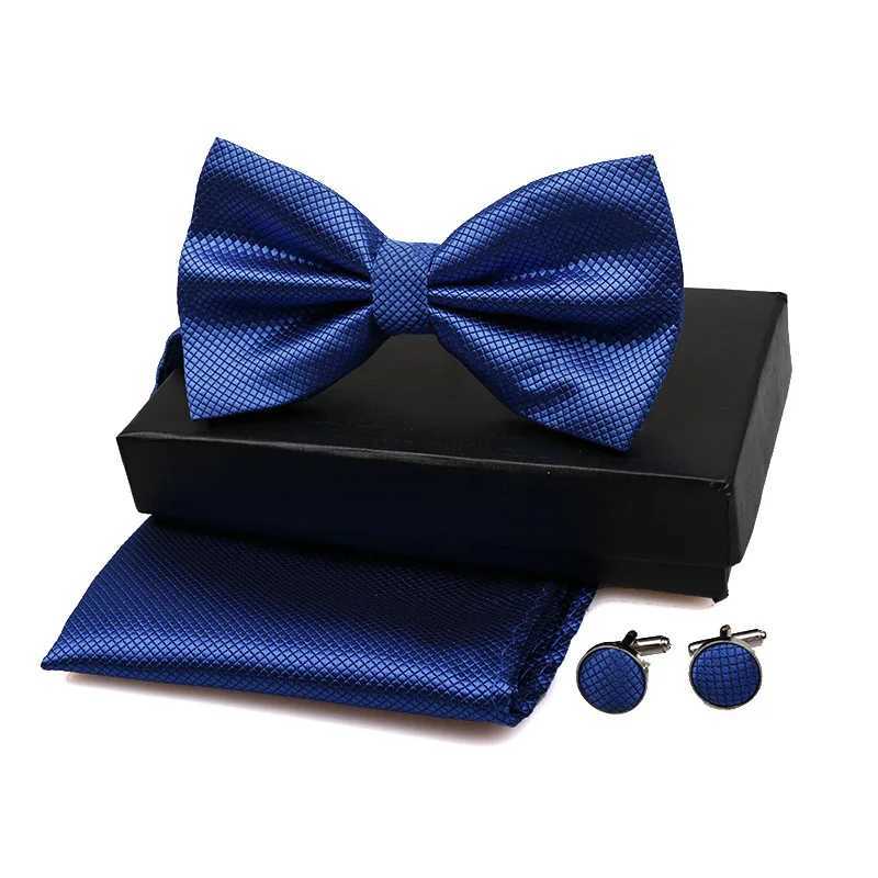 Bow Set 3ps Cufflinks Pocket Square Solid Color Check Bowtie For Men Party Wedding Fashion Butterfly Shirt Tie WholesaleX241109