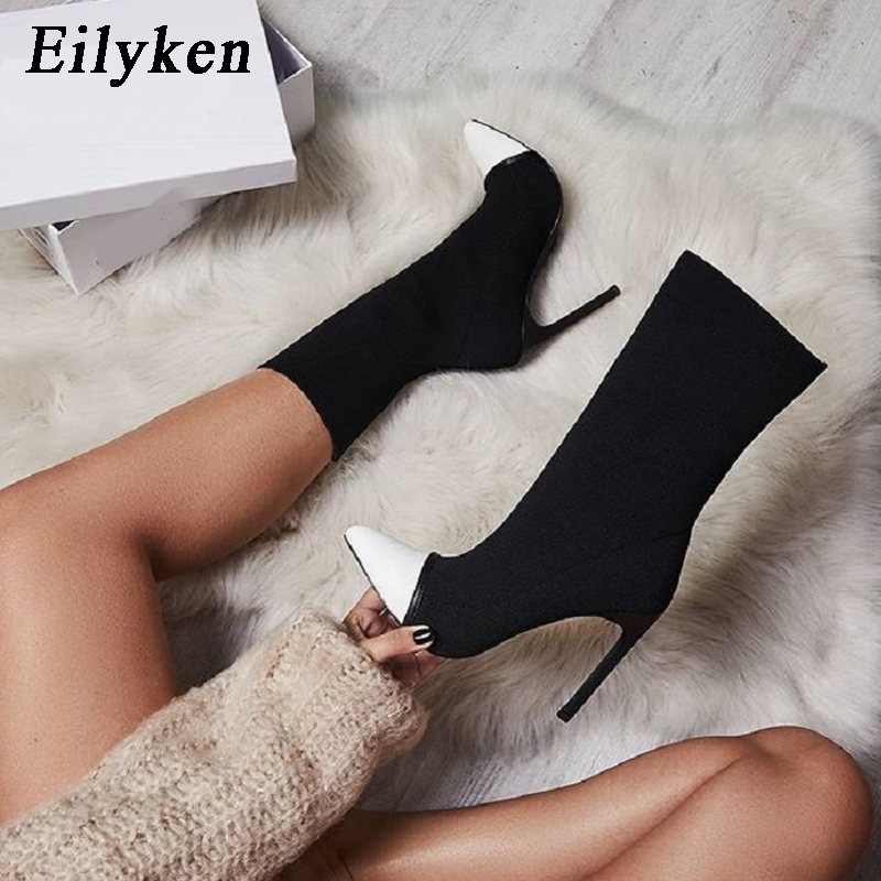 Eilyken Women Knitting Stretch Sock Ankle Boots Pointed Toe Elastic Slip On High Heel Autumn Winter Pumps Shoes ee8e