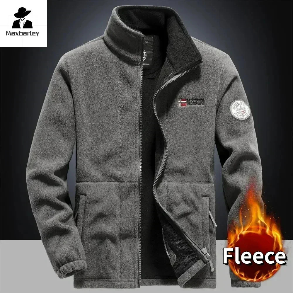 Winter Warm Fleece Jacket Mens Climbing Double Thickened Pocket Outdoor High Collar Windproof Ski Sweatshirt Coat Men 241120