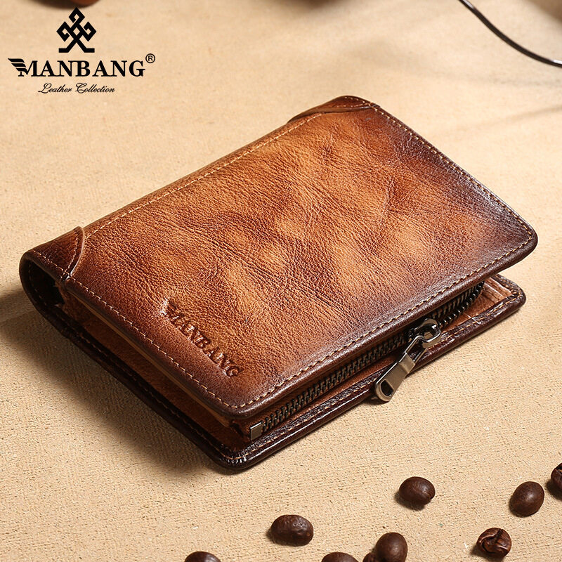 [Vintage Style & Genuine Cowhide Leather]ManBang Brand Luxury Men's Wallet Zipper Short First Layer Cowhide Purse Three Fold