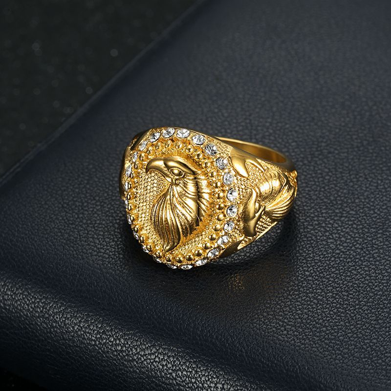 Hip Hop Solid Stainless Steel Casting Animal Ring 18k Real Gold Plated With Zircons Mens Jewelry