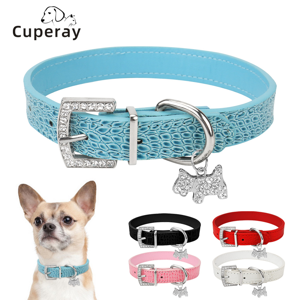 PU Dog Collar Leather Made with Sparkly Crystal Diamonds Pendant & Buckle- Shining Pet Appearance for Medium & Large Dog Walking