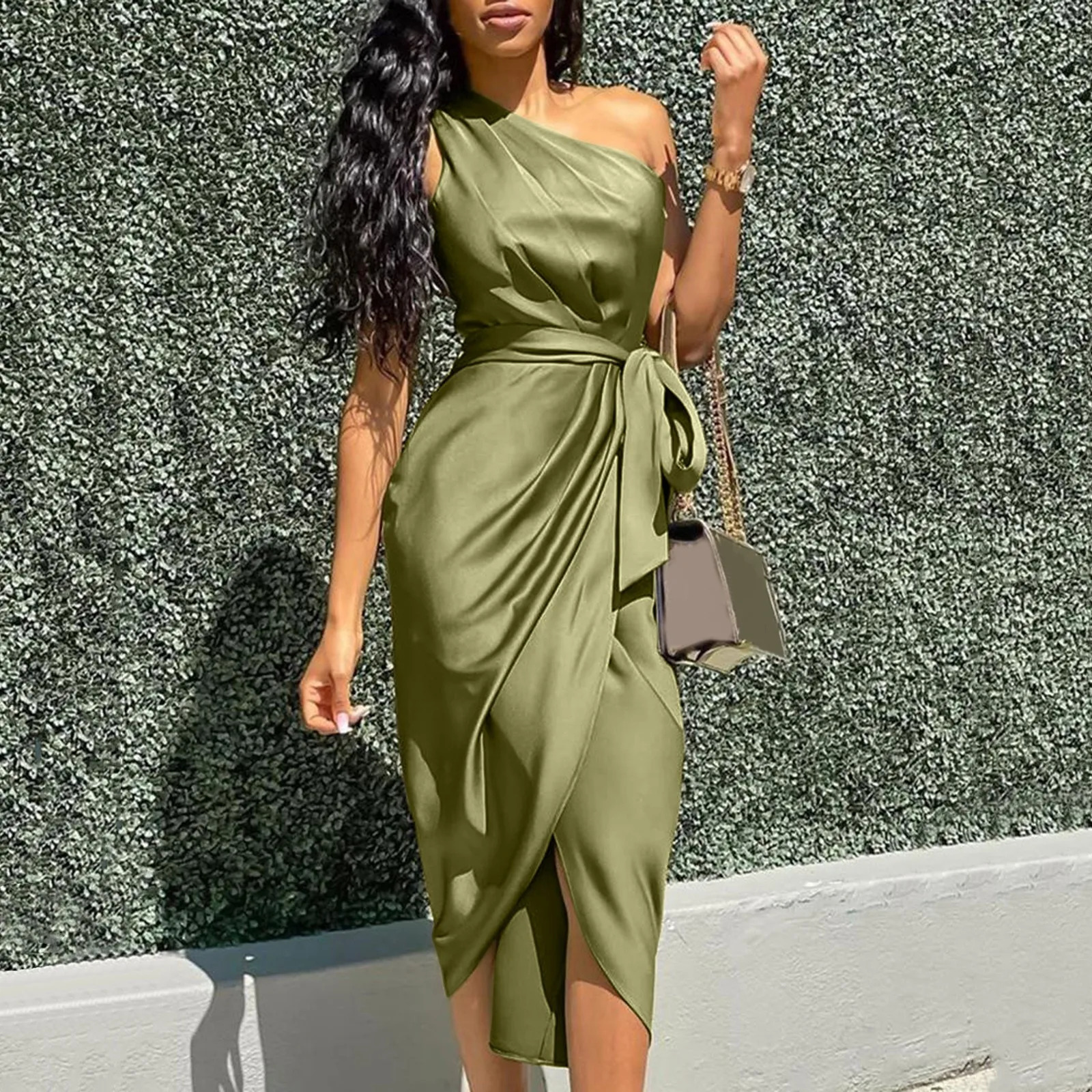 Summer Dresse Green Sexy One Shoulder Satin Asymmetrical Ruched Midi Evening Party Prom Dress Gown Bandage Plus Size Robe 240327