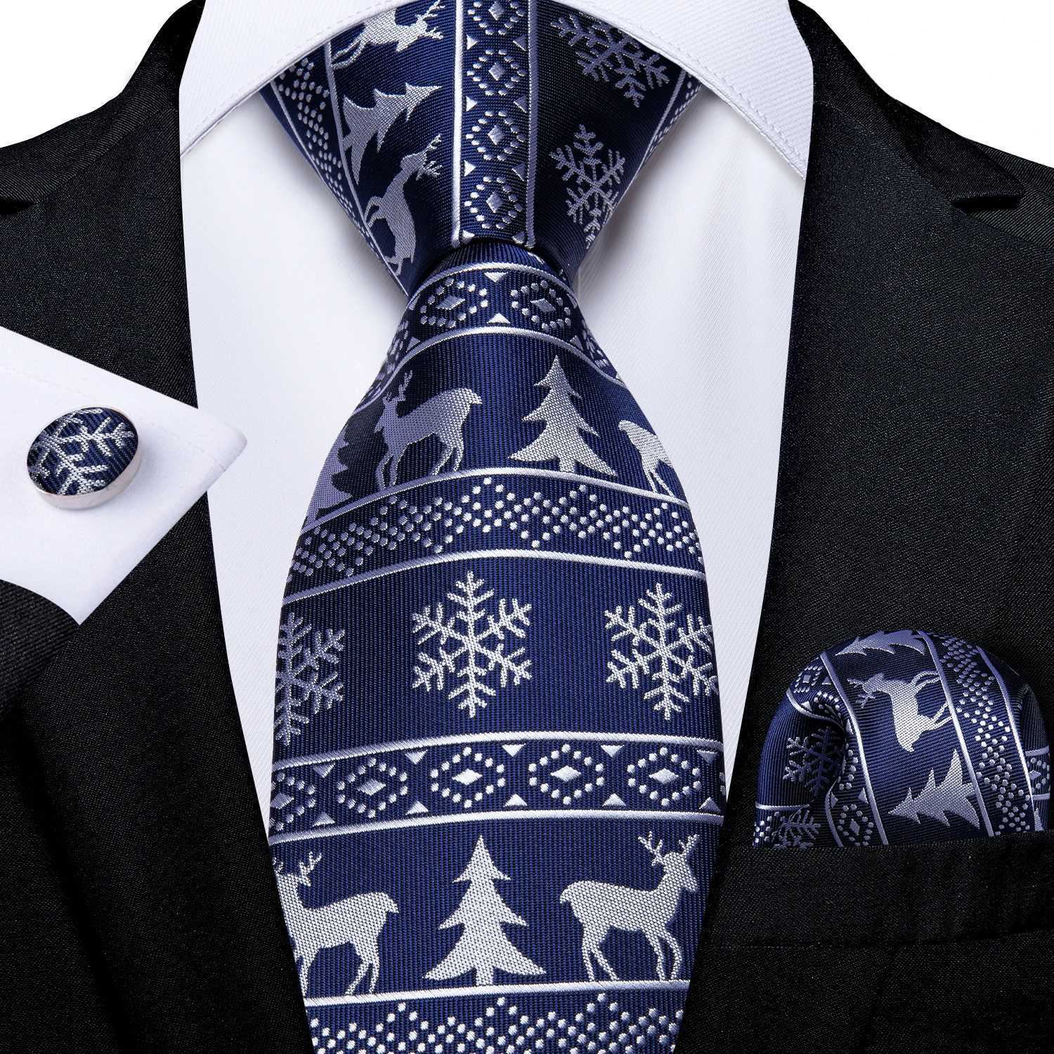 Christmas Ties for Men Blue White Snowflake Elk Tree Santa Claus Print Festival Party Accories Necktie Set Mens GiftX241109