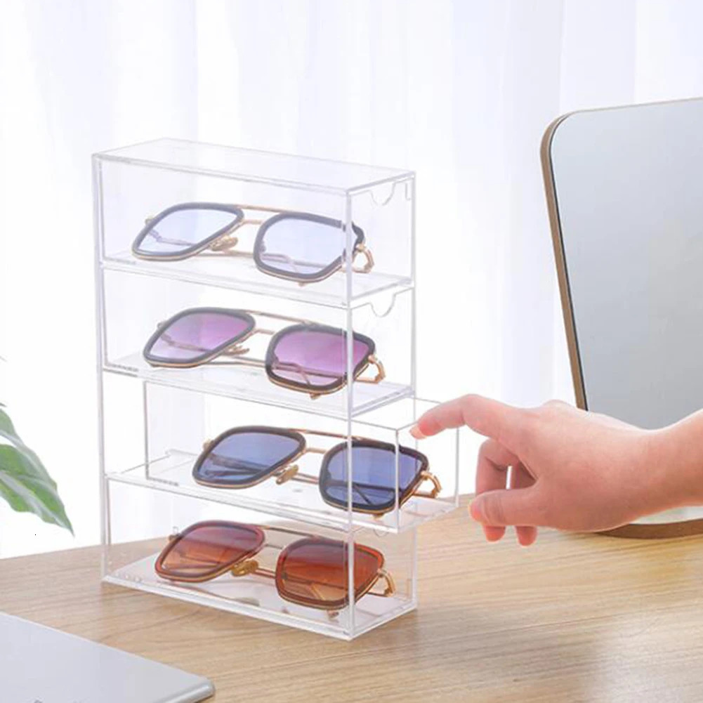 Acrylic Glasses Storage Box Stackable 4 Layer Desktop Sunglasses Drawer Display Case Dustproof Stationery Organize For Home 240327